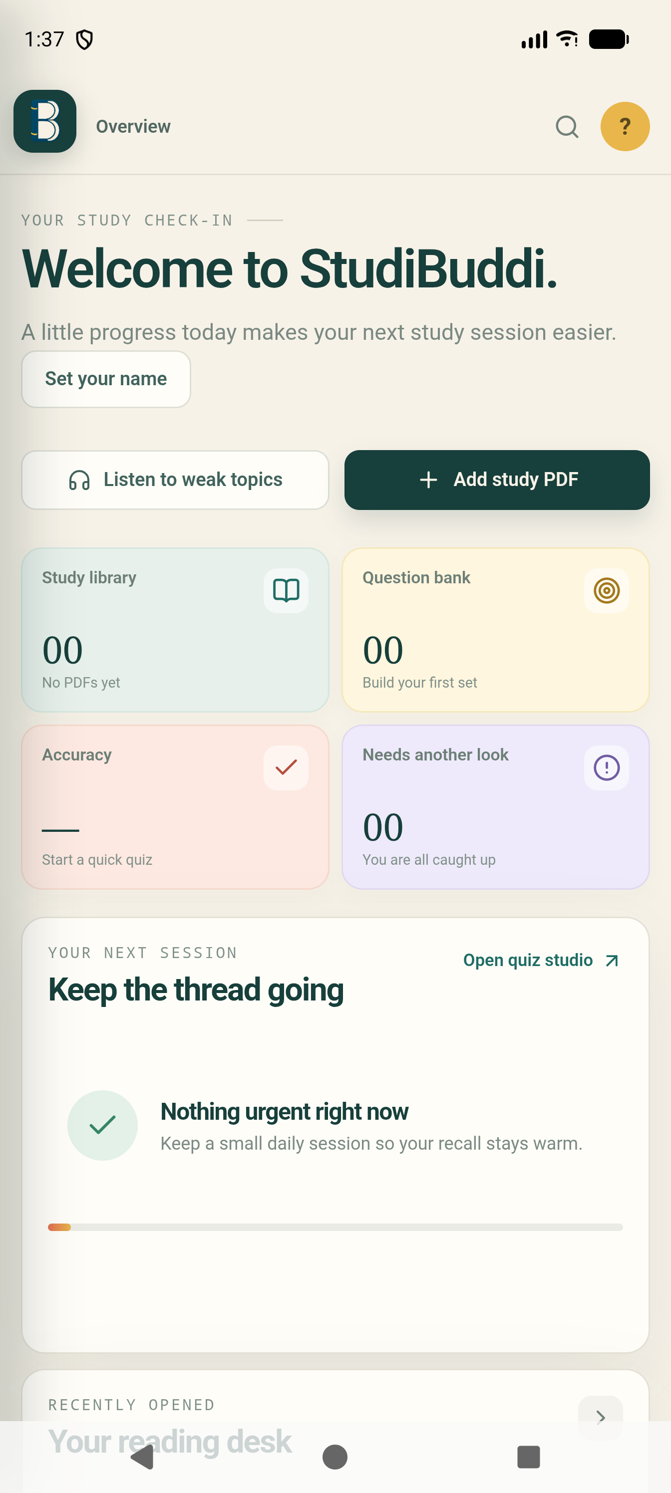 Actual Android emulator overview with an empty study library and question bank