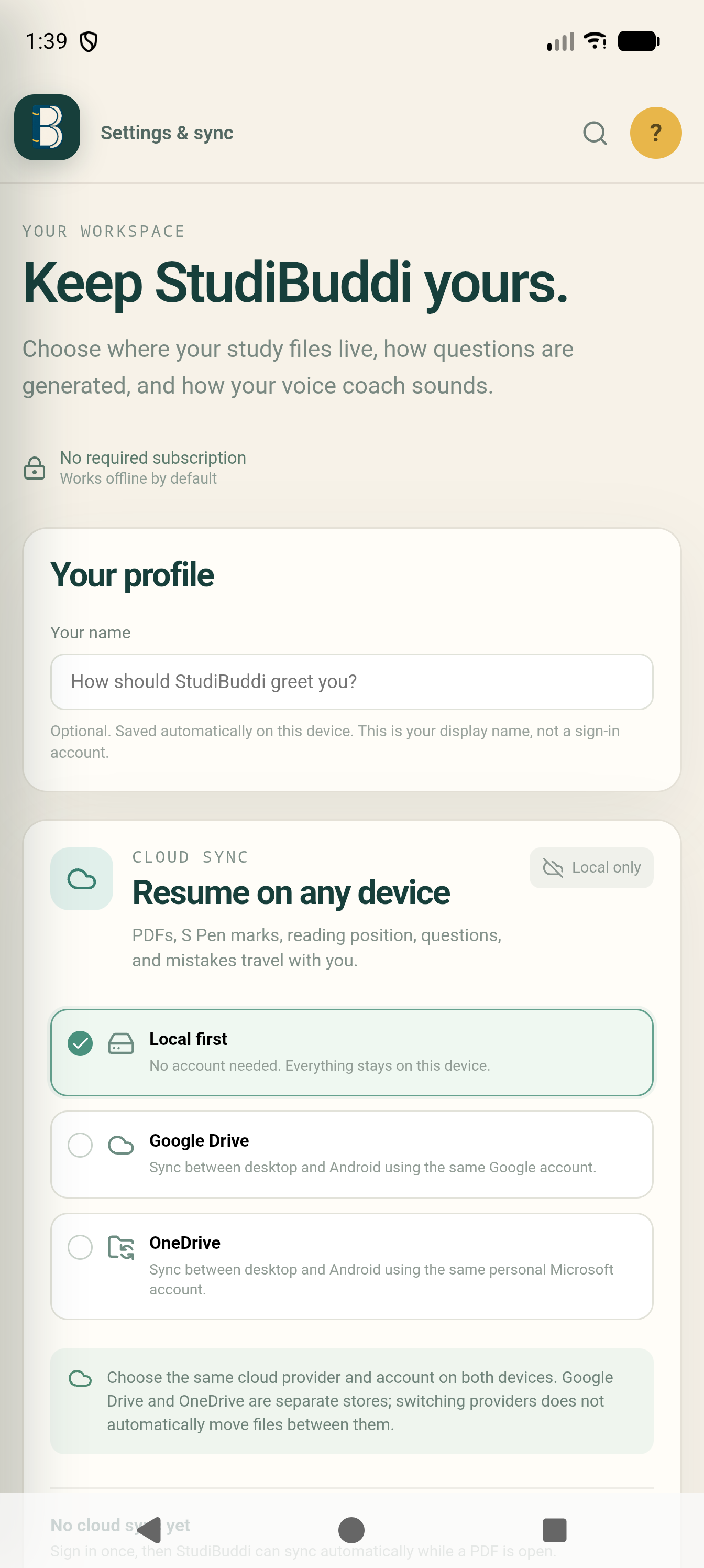 Actual Android settings showing Local first, Google Drive and OneDrive choices with a blank profile field