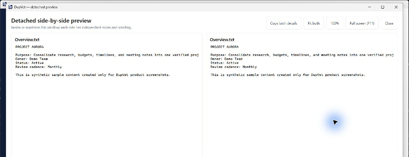 Actual detached DupVet comparison of two synthetic Overview text files