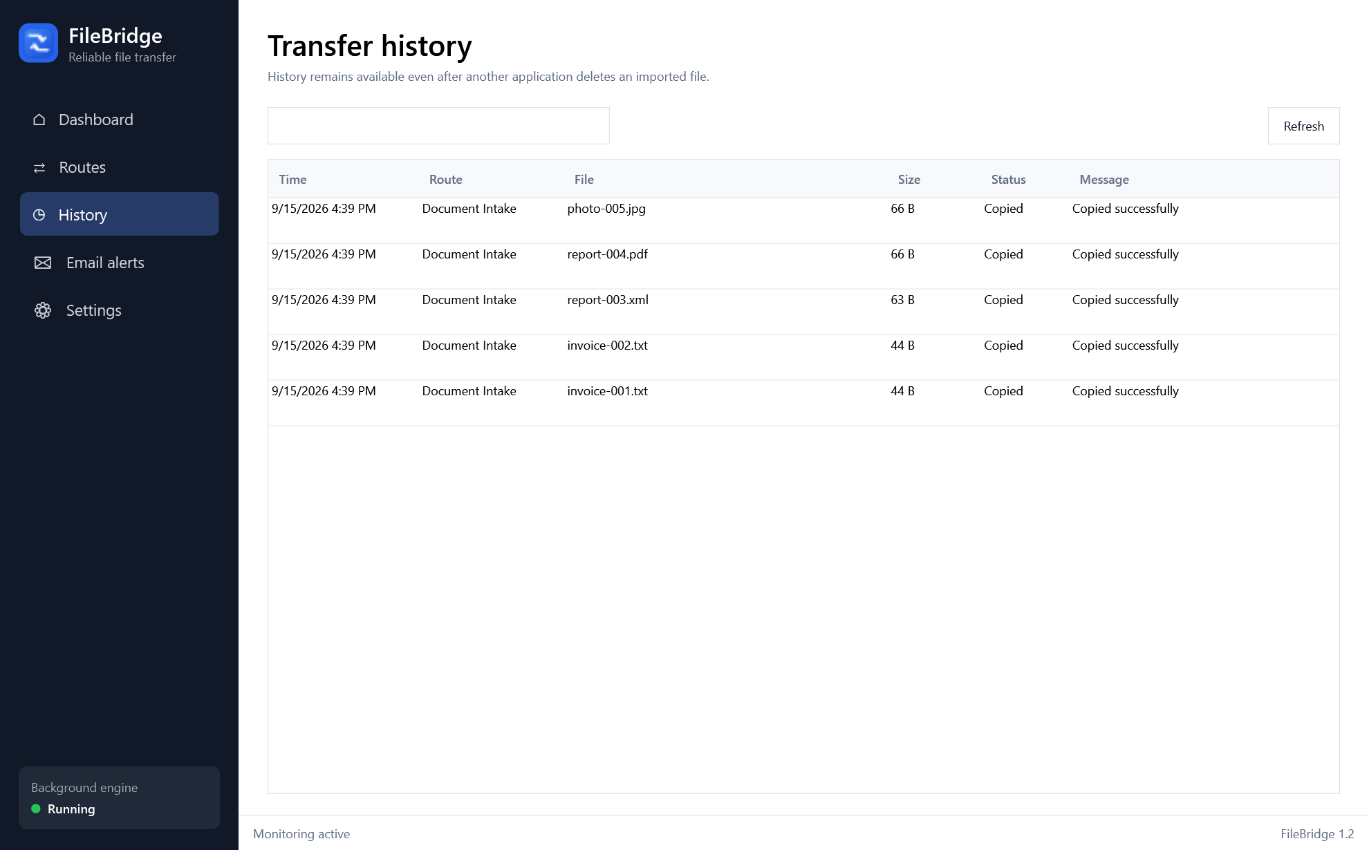 Actual transfer history with synthetic filenames and completed demo copies