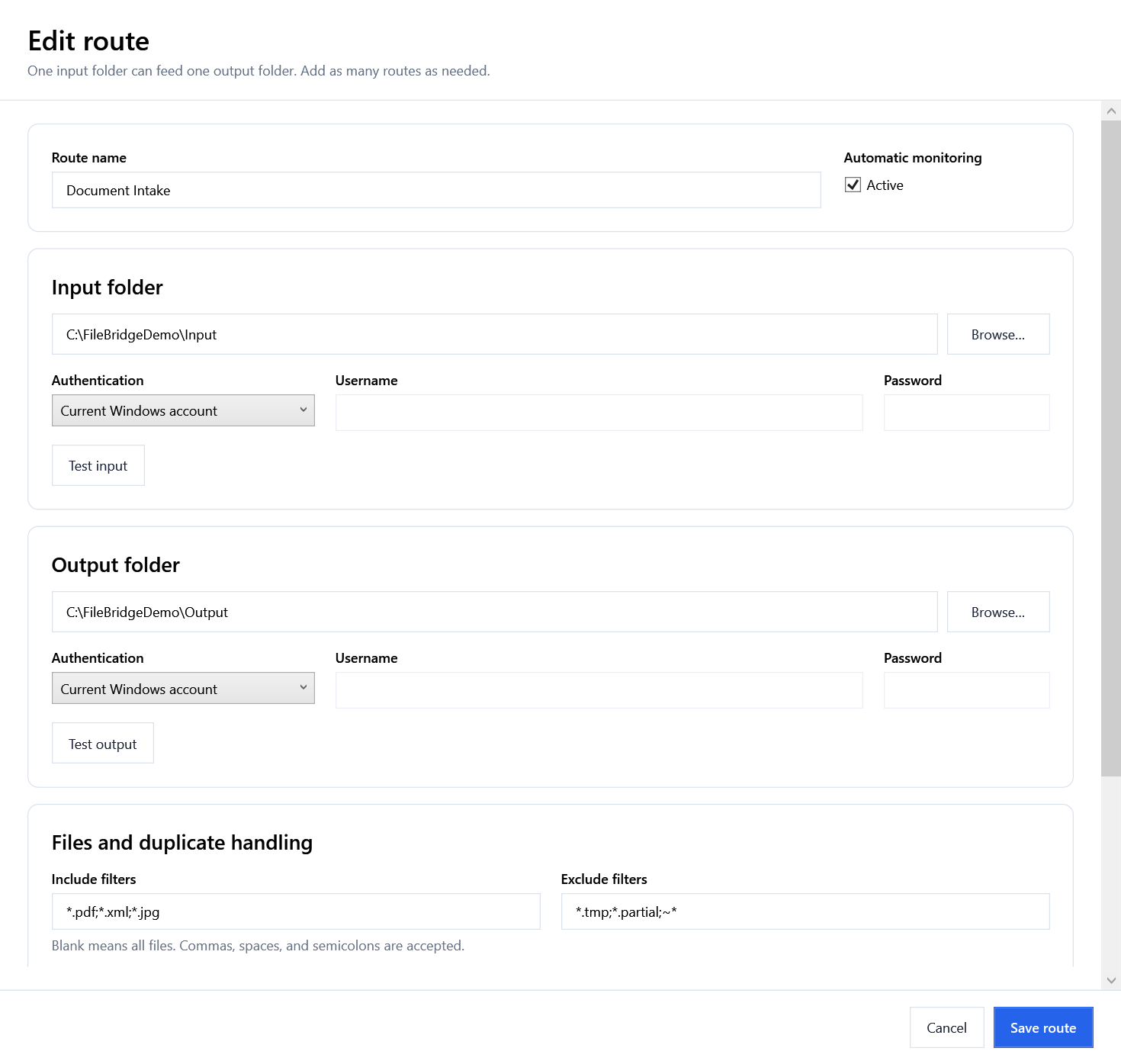 Actual route editor with demo input and output folders and empty credential fields