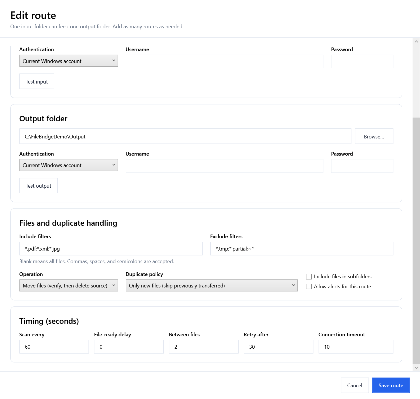 Actual FileBridge filters, duplicate policy and timing controls